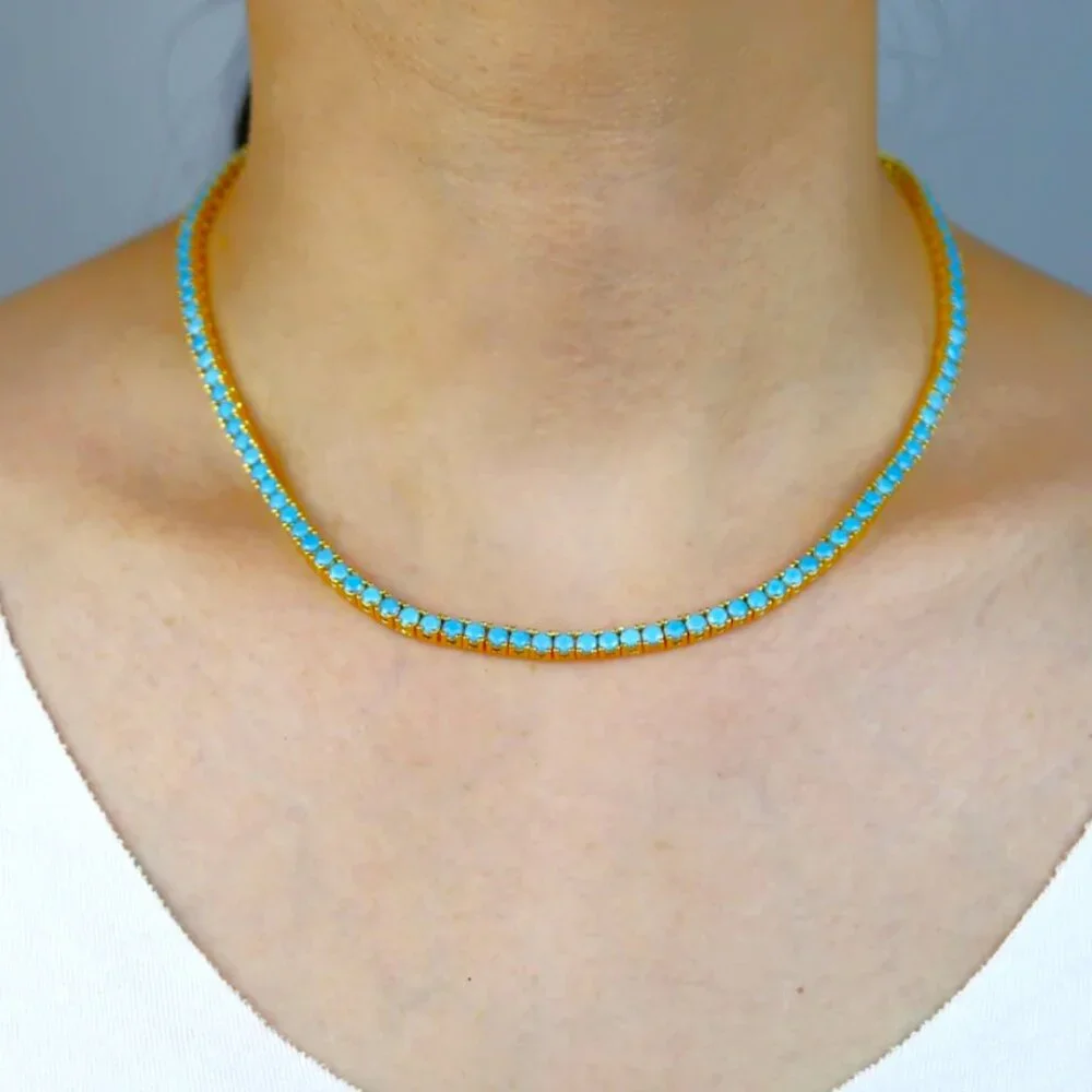 14K Gold Womens 16" Natural Turquoise Gemstone Tennis Necklace Ladies Jewelry - Picture 5 of 10